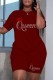 Burgundy Casual Letter Hot Drilling Basic O Neck Short Sleeve Two Pieces