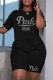 Black Casual Letter Hot Drilling Patchwork O Neck Short Sleeve Two Pieces