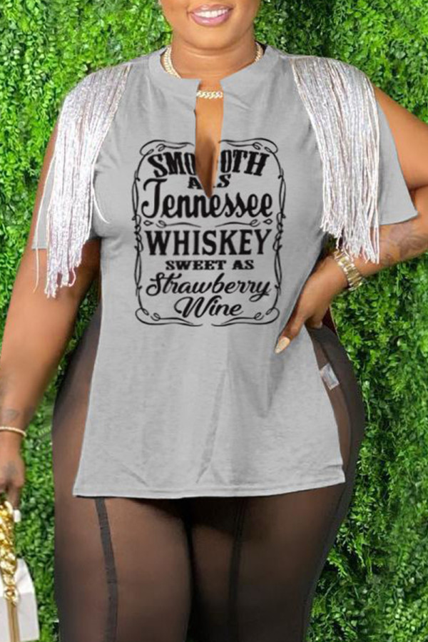 Grey Casual Letter Print Tassel Patchwork Slit V Neck T-Shirts
