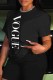 Black Casual Print Letter O Neck T-Shirts