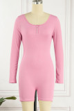 Pink Casual Street Solid Patchwork V Neck Skinny Rompers