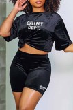 Red Casual Print Letter O Neck Short Sleeve Two Pieces