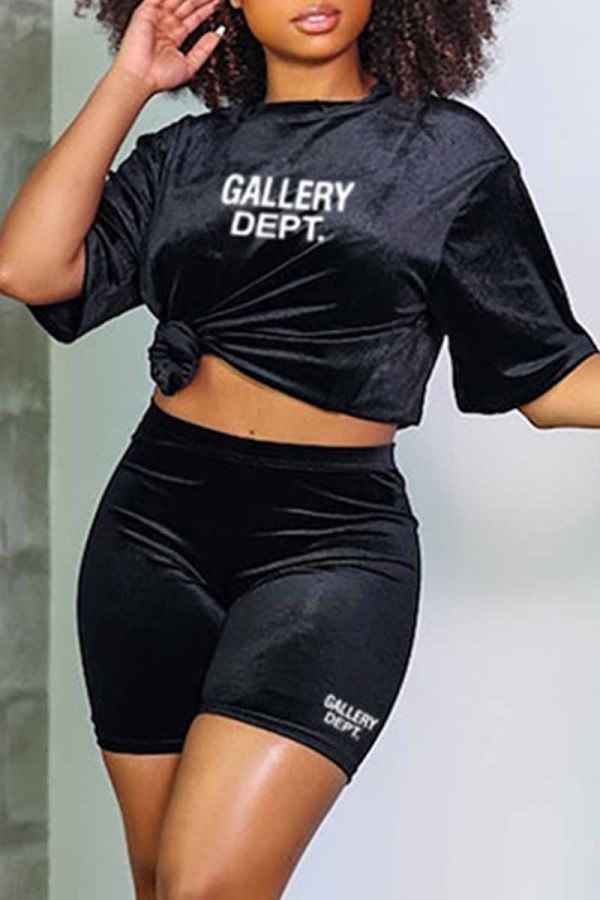 Black Casual Print Letter O Neck Short Sleeve Two Pieces