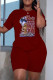 Burgundy Casual Print Basic O Neck Short Sleeve Two Pieces