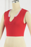 Red Sexy Street Solid Patchwork U Neck T-Shirts