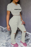 Pink Casual Letter Print Ripped Fold O Neck Short Sleeve Two Pieces