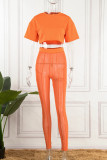 Orange Casual Solid See-through O Neck Short Sleeve Two Pieces