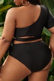 Black Sexy Solid Bandage Backless Oblique Collar Plus Size Swimwear (With Paddings)