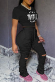 Pink Casual Print Ripped Fold O Neck Short Sleeve Two Pieces