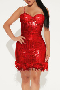 Red Sexy Solid Sequins Patchwork Feathers Spaghetti Strap Sling Dress Dresses