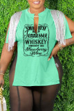 Coffee Casual Letter Print Tassel Patchwork Slit V Neck T-Shirts