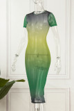 Green Sexy Gradual Change Print See-through O Neck Short Sleeve Dress Dresses