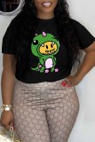 Black Casual Print Letter O Neck T-Shirts