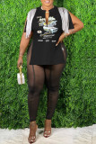 Coffee Casual Print Tassel Patchwork Slit V Neck T-Shirts