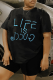 Black Street Print Patchwork Letter O Neck T-Shirts