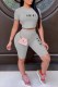 Grey Casual Print Letter O Neck Short Sleeve Two Pieces