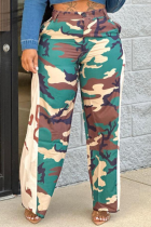 Army Green Street Camouflage Print Patchwork Boot Cut High Waist Wide Leg Full Print Bottoms