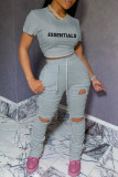 Pink Casual Letter Print Ripped Fold O Neck Short Sleeve Two Pieces