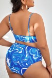 Blue Sexy Print Backless Spaghetti Strap Plus Size Swimwear (With Paddings)