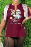 Coffee Casual Print Tassel Patchwork Slit V Neck T-Shirts