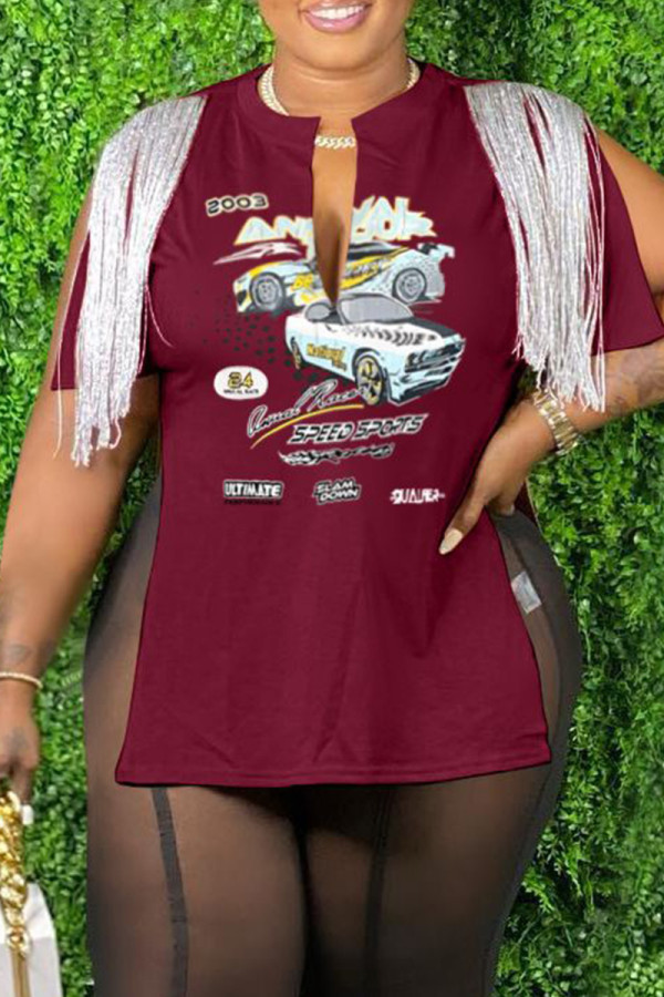 Burgundy Casual Print Tassel Patchwork Slit V Neck T-Shirts