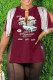 Burgundy Casual Print Tassel Patchwork Slit V Neck T-Shirts