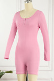 Pink Casual Street Solid Patchwork V Neck Skinny Rompers