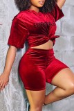 Red Street Print Letter O Neck Short Sleeve Two Pieces