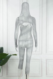 Grey Sexy Solid Hollowed Out See-through Hooded Collar Skinny Jumpsuits