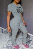 Pink Casual Print Ripped Fold O Neck Short Sleeve Two Pieces