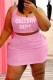 Pink Street Print Letter U Neck Plus Size Two Pieces