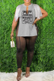 Coffee Casual Letter Print Tassel Patchwork Slit V Neck T-Shirts