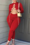 Red Sexy Solid Hollowed Out Chains Half A Turtleneck Skinny Jumpsuits