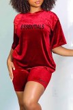 Red Street Print Letter O Neck Short Sleeve Two Pieces