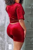 Red Casual Print Letter O Neck Short Sleeve Two Pieces