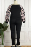 Black White Sexy Casual Print Patchwork Contrast O Neck Long Sleeve Two Pieces