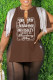 Coffee Casual Letter Print Tassel Patchwork Slit V Neck T-Shirts