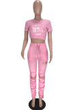 Pink Casual Print Ripped Fold O Neck Short Sleeve Two Pieces