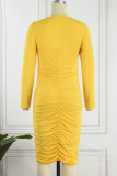 Yellow Casual Solid Fold O Neck Long Sleeve Dresses