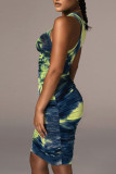 Green Casual Print Patchwork O Neck Pencil Skirt Dresses