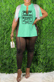 Coffee Casual Letter Print Tassel Patchwork Slit V Neck T-Shirts