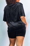 Red Casual Print Letter O Neck Short Sleeve Two Pieces