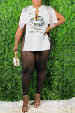 Coffee Casual Print Tassel Patchwork Slit V Neck T-Shirts