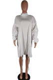 White OL lantern sleeve Long Sleeves Mandarin Collar Pleated Mini Print Solid Dresses