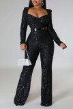 Black Sexy Solid Sequins Patchwork Without Belt Square Collar Straight Jumpsuits