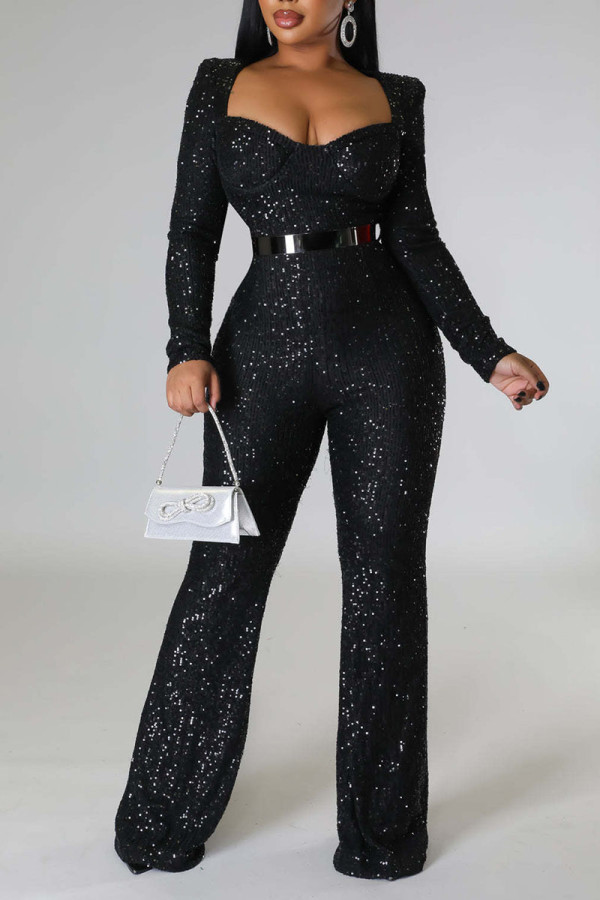 Black Sexy Solid Sequins Patchwork Without Belt Square Collar Straight Jumpsuits