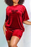 Red Casual Print Letter O Neck Short Sleeve Two Pieces