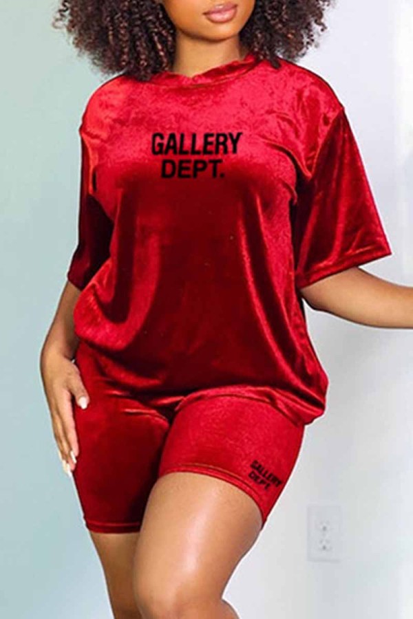 Red Casual Print Letter O Neck Short Sleeve Two Pieces