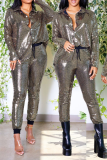 Silver Street Bronzing Patchwork Turndown Collar Long Sleeve Two Pieces