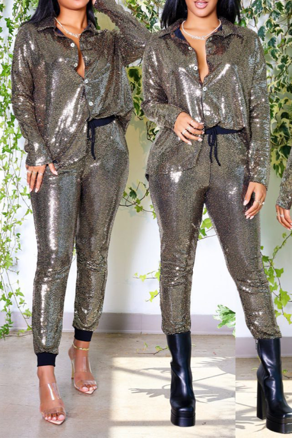 Gold Street Bronzing Patchwork Turndown Collar Long Sleeve Two Pieces
